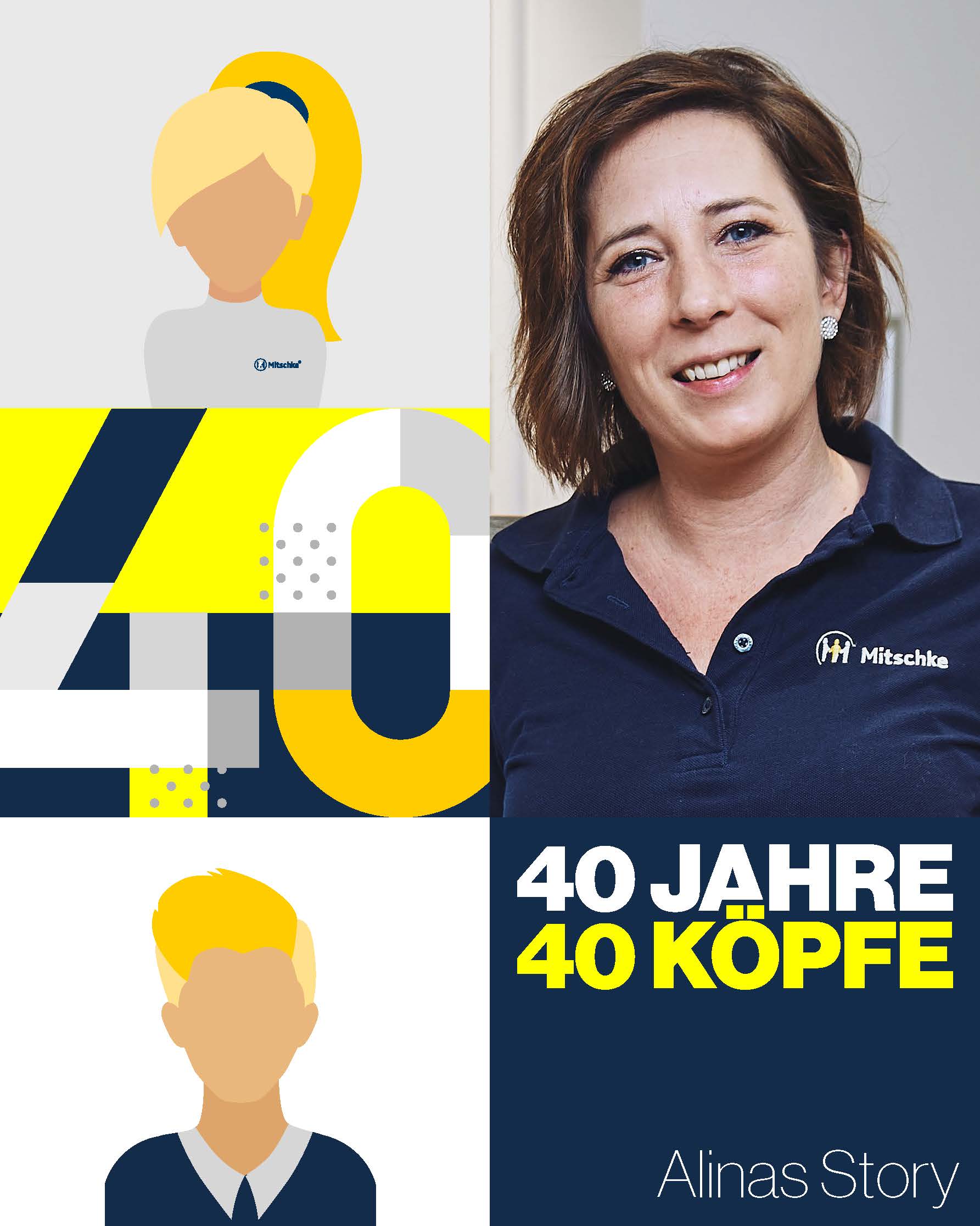 40 Jahre 40 Köpfe Thumbnail mit gelb-blauer grafischer Vierzig und freundlich lächelnder Frau