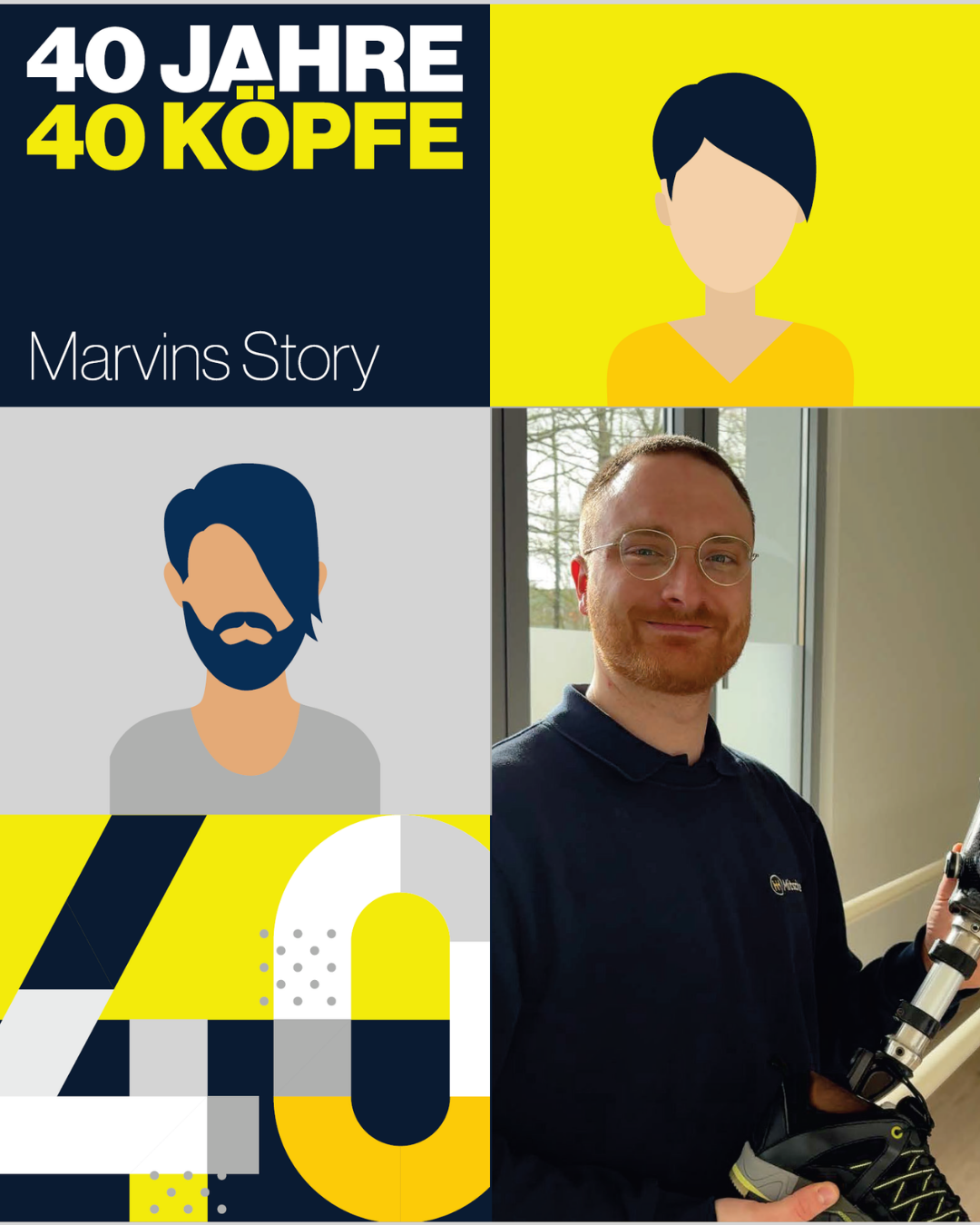 40 Jahre 40 Köpfe Thumbnail mit Portrait von jungem Orthopädietechniker mit Bart und Brille, eine Prothese in der Hand haltend